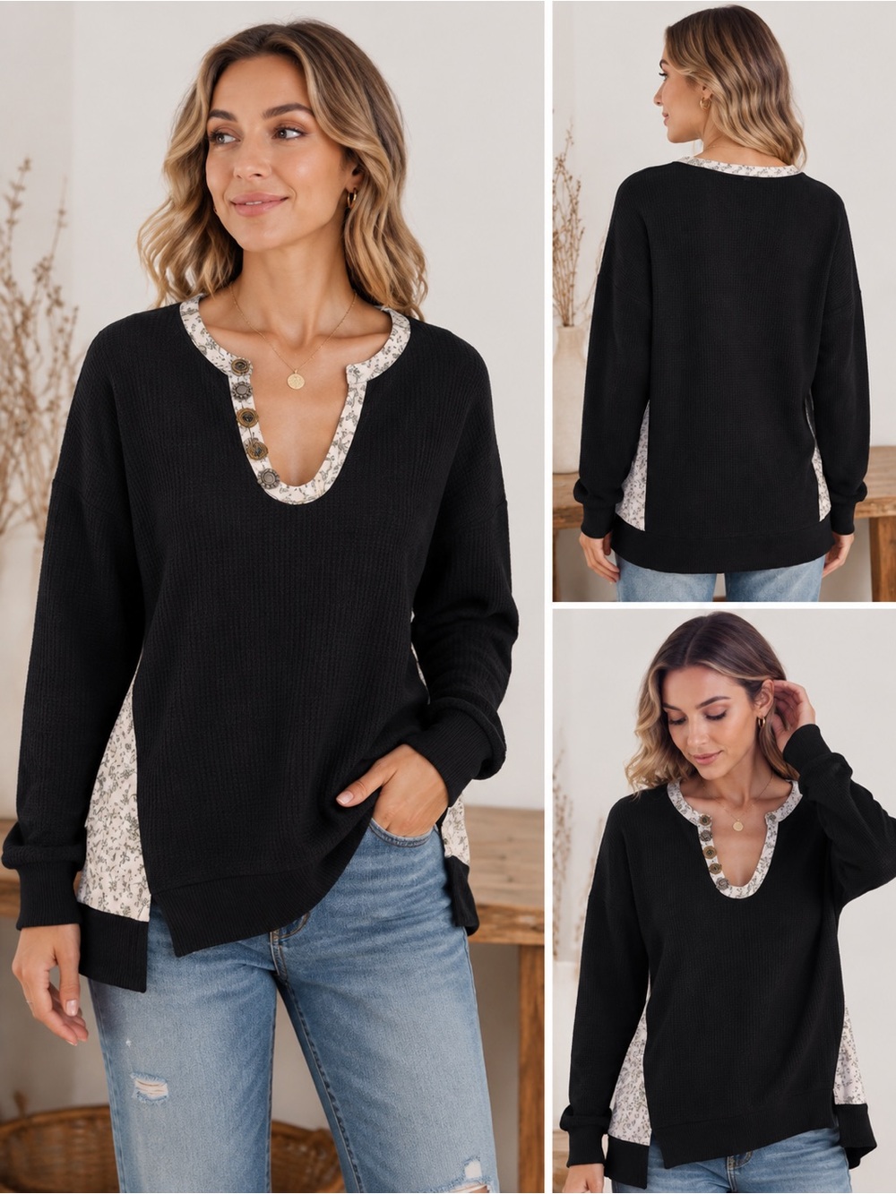 POL Black V-Neck Sweater Oversized Henley Top Long Sleeve with Cream Floral Trim